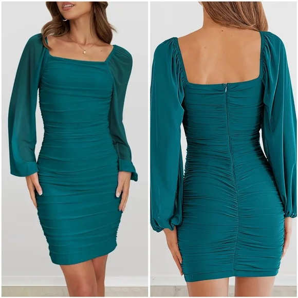 NWT Merokeety Teal Green Blue Mesh Ruched Lanturn Long Sleeve Mini Dress XL - Picture 3 of 16